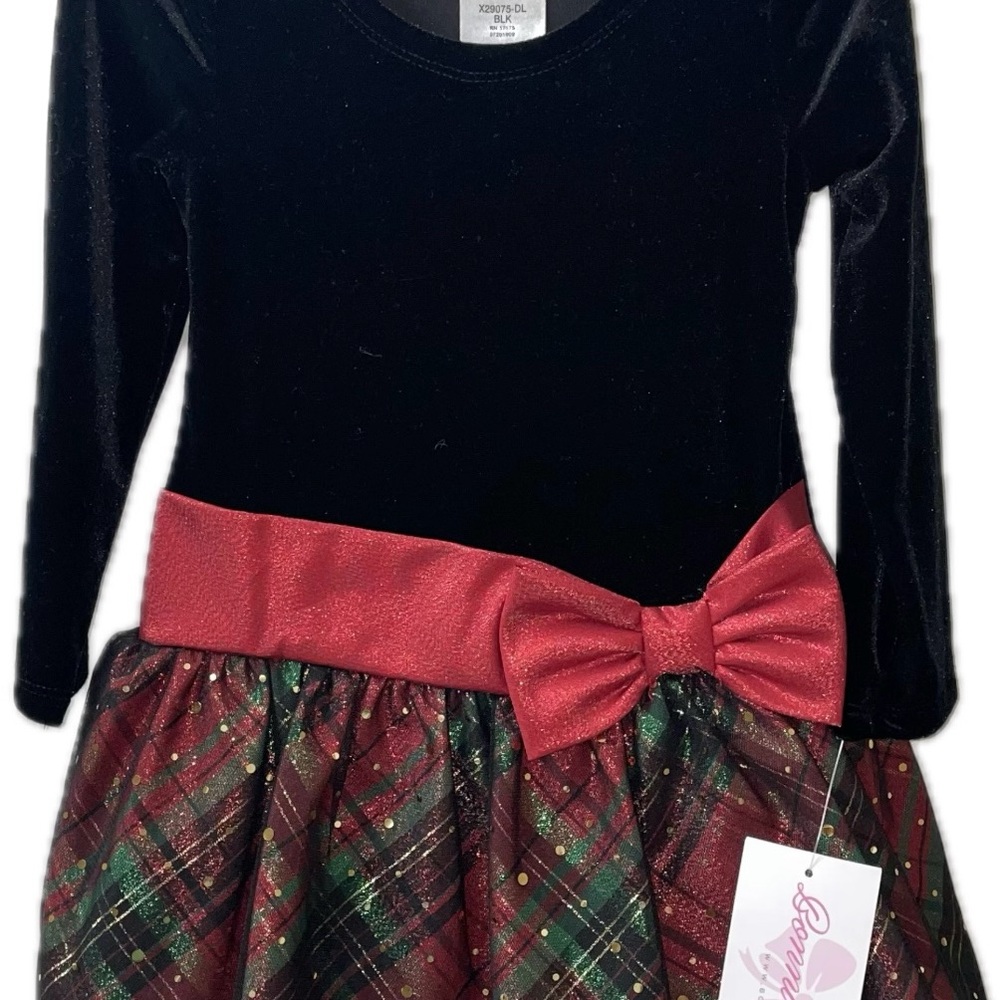 Bonnie Jean 3T Girls Holiday Dress Black Velvet Red Plaid Glitter Christmas New